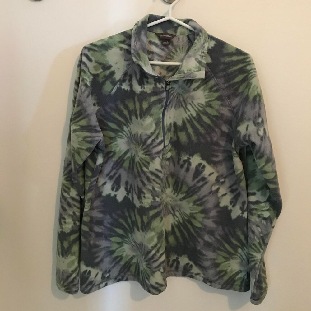 Eddie Bauer Sweater Womens Size XL Green Tie Dye Fleece 1/4 Zip Pullover Top